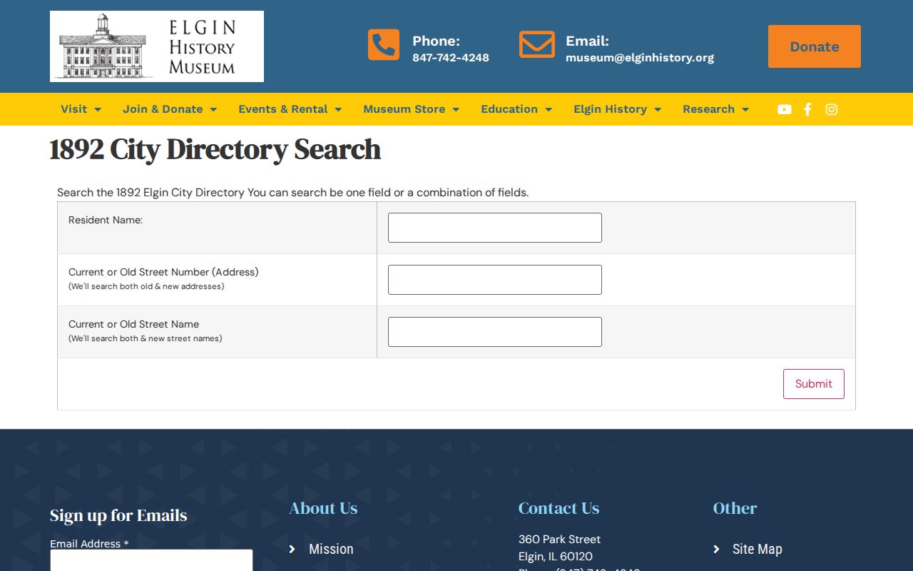 Elgin History Museum 1892 city directory search with old and current address fields