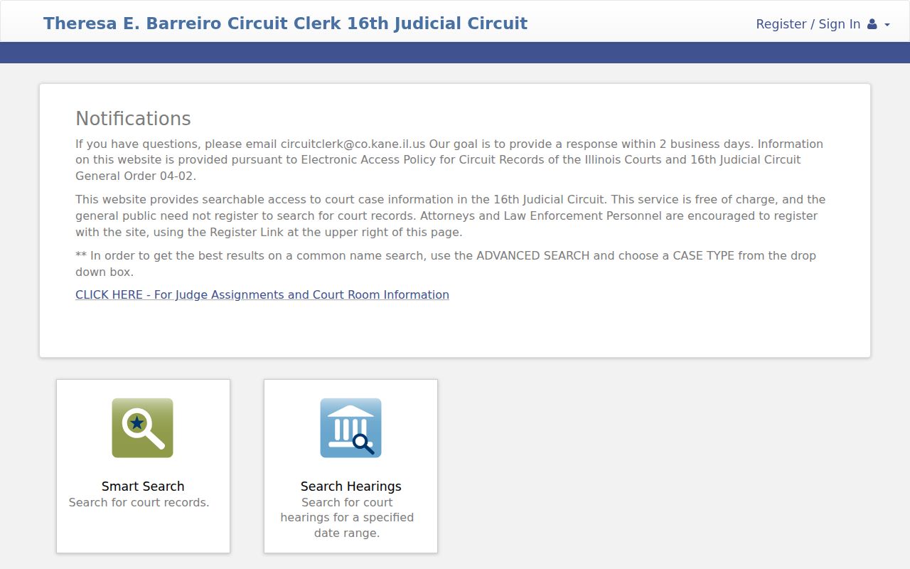 Kane County public court portal for an Elgin name search