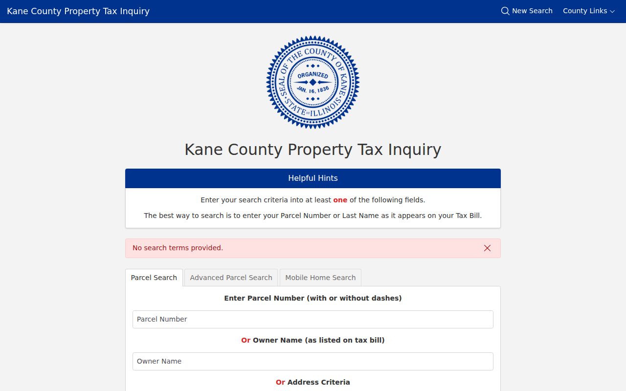 Kane DevNet parcel search used for an Elgin resident lookup