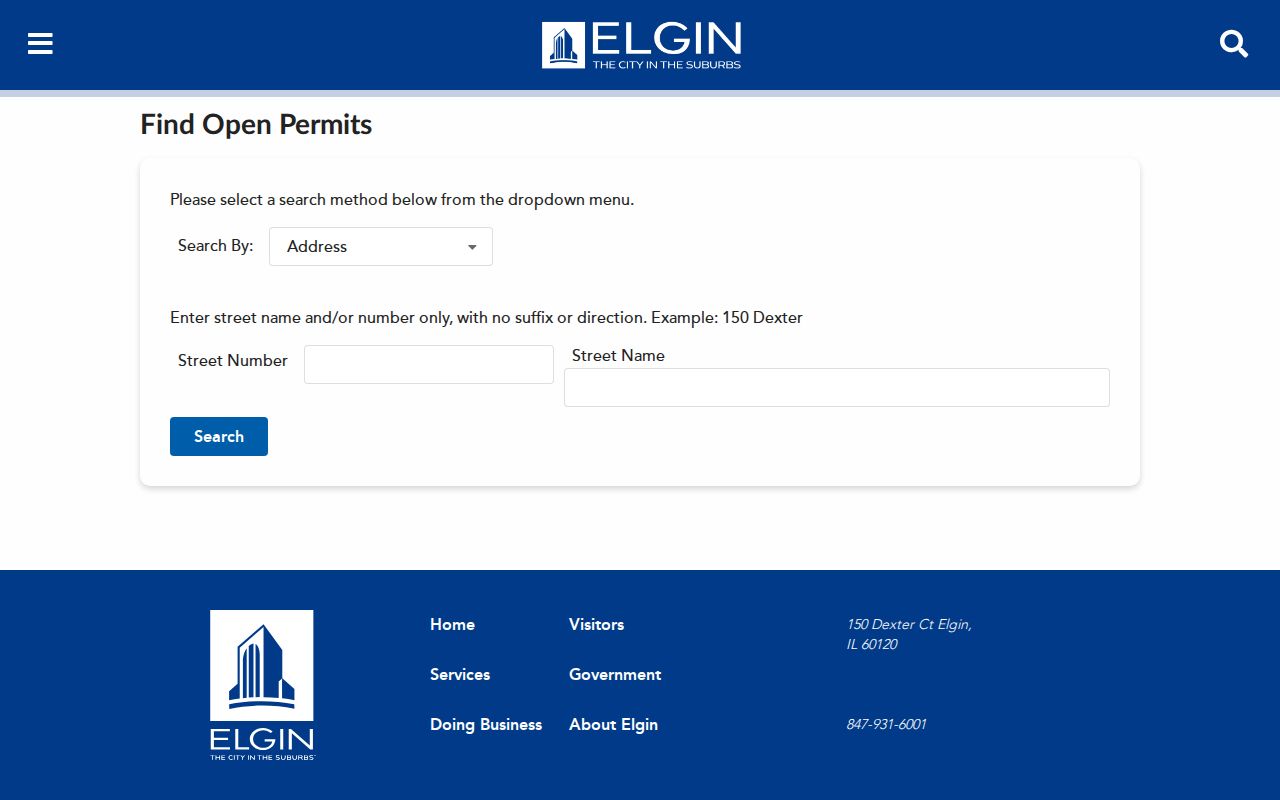 City of Elgin permit search used to check records by street address